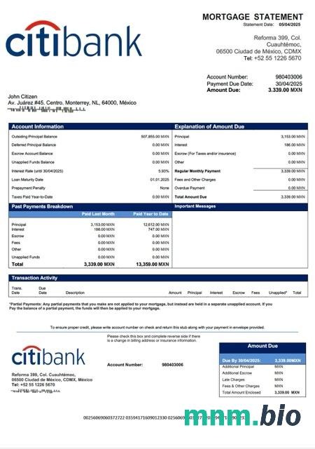 Meksyk Citibank Mexico wyciąg z kredytu hipotecznego szablon Word i PDF